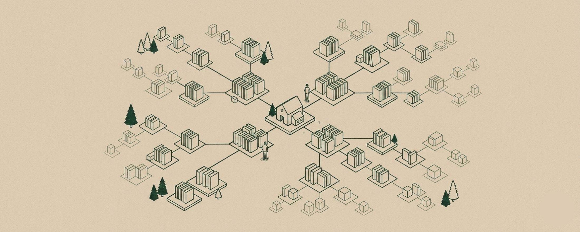An isometric illustration of books and readers connected by branching paths, with a small house at the center