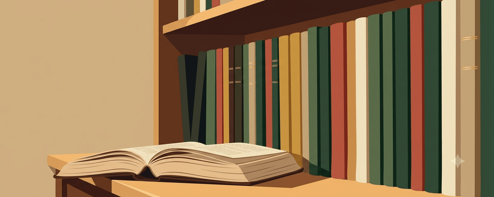 An illustration of a tightly packed shelf of untouched book spines, with a single well-worn book lying open on the table below it