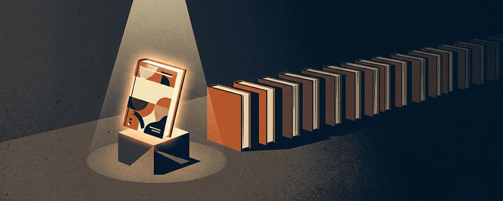 An illustration of a book on a pedestal under a spotlight, with a long line of unopened books queued behind it in shadow