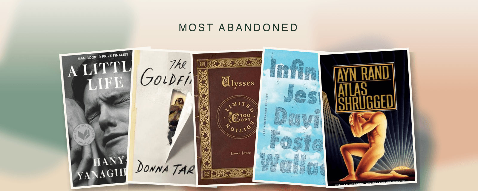 A collage of the most abandoned book covers on a warm background under the banner Most Abandoned