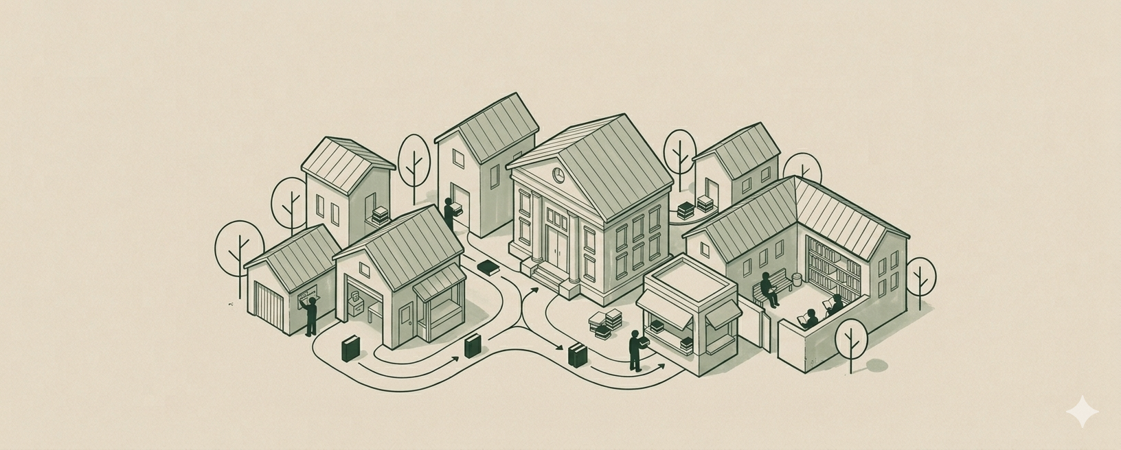 An illustrated isometric town with readers, libraries, and bookshops connected by winding paths