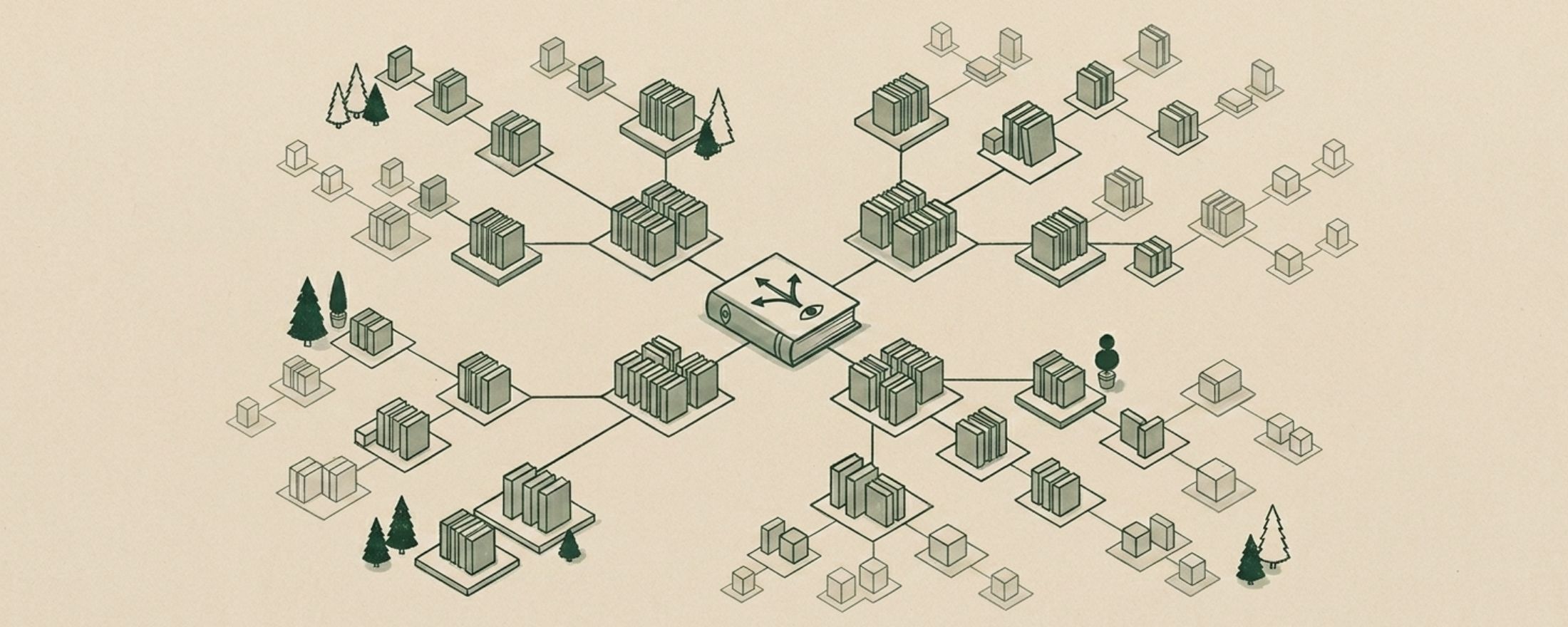 An isometric illustration of a central book branching out through lines to a network of stacked book clusters, the shape of how books move through a reading culture