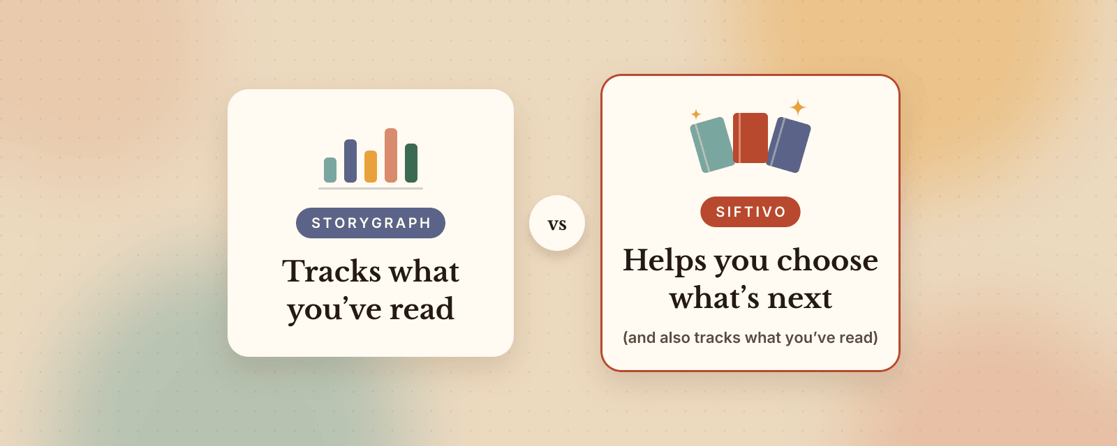 Two rounded cards on a warm background. StoryGraph, with a small bar chart, tracks what you have read. Siftivo, with a fan of three books, helps you choose what is next, and in small print also tracks what you have read