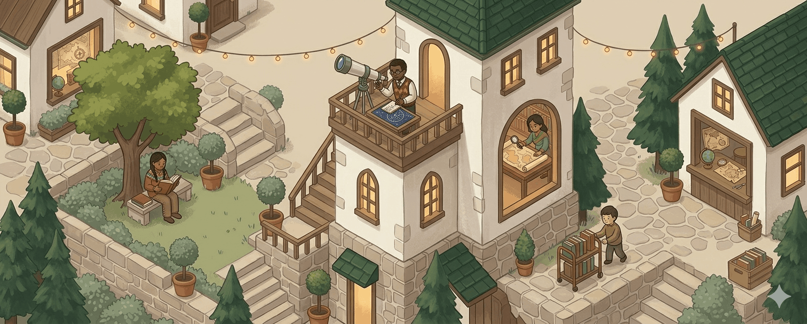 An illustrated village with a stone tower, readers, and cozy bookshops