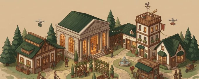 An illustrated village with a grand library at its center, surrounded by cozy bookshops and reading nooks