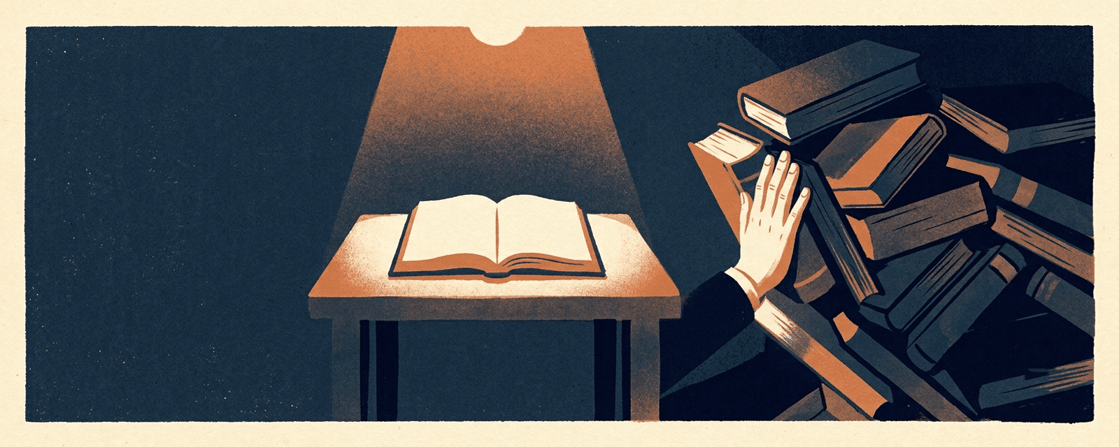 An illustration of a single lit book on a table with a hand gently pushing away a large sliding pile of other books beside it