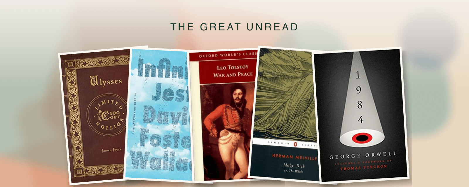 A collage of famous, frequently unfinished book covers on a warm background
