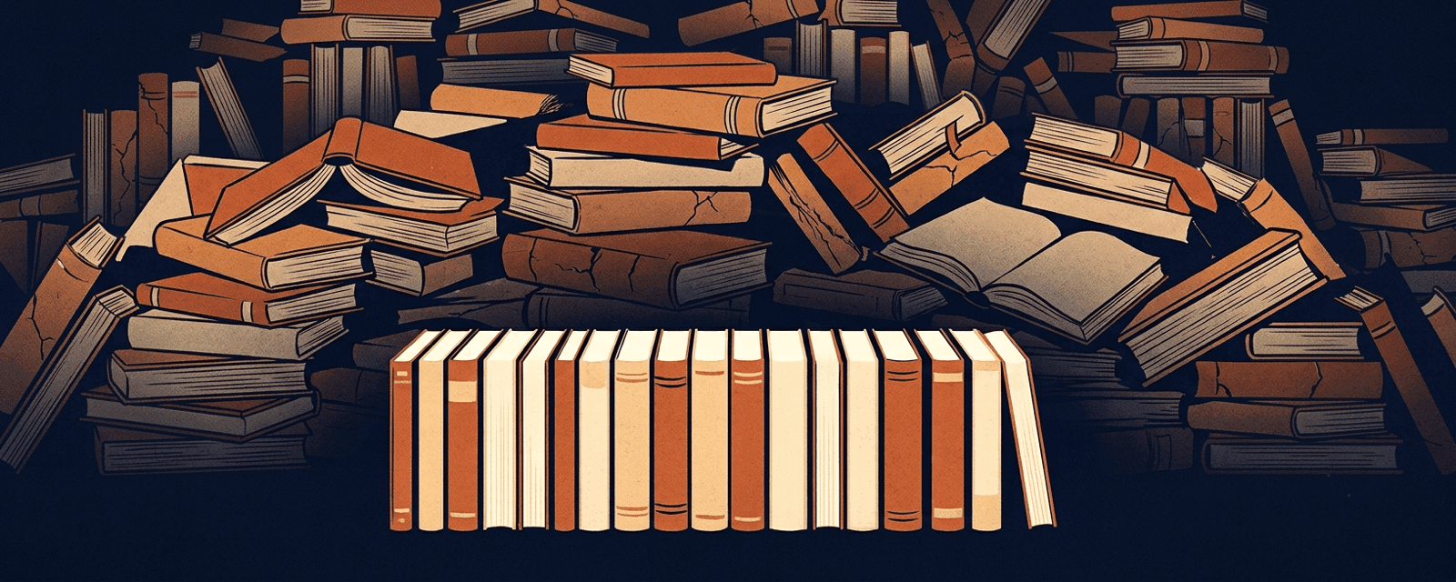 An illustration of a tidy public bookshelf lit from the front, with a second larger stack of books behind it in shadow